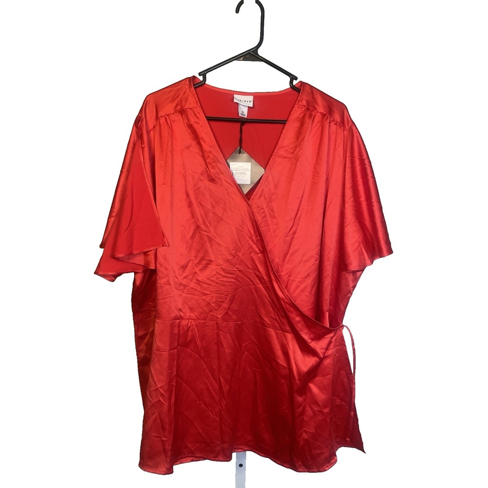 NEW Ava & Viv Top 3X Satin Wrap Side‎ Tie Blazer Shirt Red Date Night